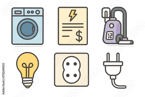 Home appliance icons in modern flat design: washer, bill, vacuum, bulb, outlet, plug