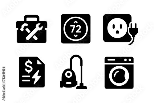 Essential home maintenance icons: tools, thermostat, plug, energy bill, vacuum, washer