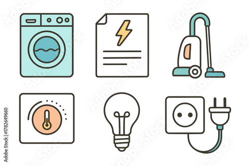Household appliance icons in outlined style featuring washer, vacuum, lightbulb, and energy symbols