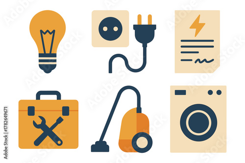 Flat design electrician toolkit and household appliance icons set