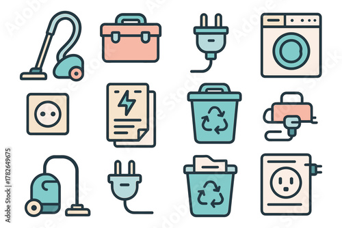 Household appliance icons collection for home maintenance and energy efficiency