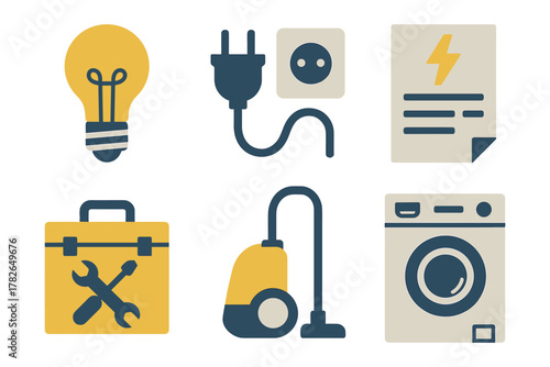 Household appliance icons set featuring light bulb, vacuum, washing machine, and more