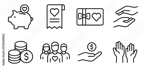 Charity and donation icons set: linear style for fundraising and community support