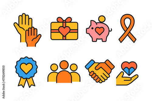 Colorful charity and donation icons with heart and community symbols