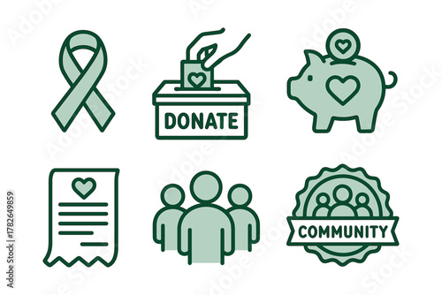 Charity icon set with outline style depicting donation, community, and support symbols