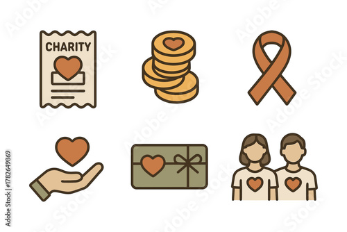 Charity icons: donation, awareness, and support symbols in flat design