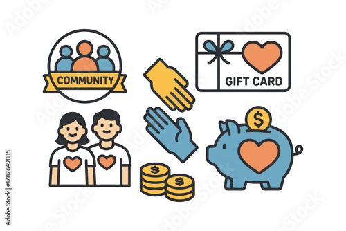 Charity and donation concepts: community, gift cards, and savings