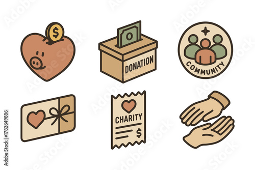 Charity icons set featuring heart, donation box, and helping hands in flat style