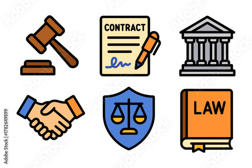 Legal icons set: gavel, contract, courthouse, handshake, scales, law book in colorful line art