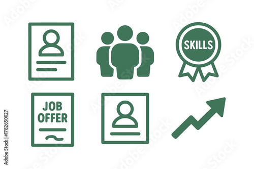 Career achievement and growth icons featuring job offer, skills, and teamwork