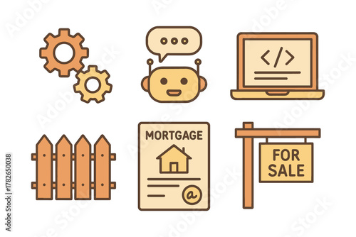 Cute linear icons: chatbot, code, mortgage, real estate, settings, fence