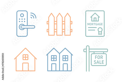 Real estate icons set with house, keypad lock, and mortgage sign in linear style
