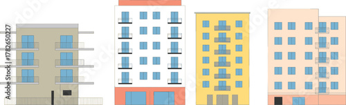 Apartment Building Vector Set Featuring Multi-Story Urban Structures with Balconies, Doors, and Colorful Facades for Architecture, Design, and City Planning