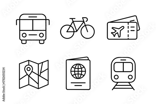Minimalist travel icons set featuring transportation and travel essentials