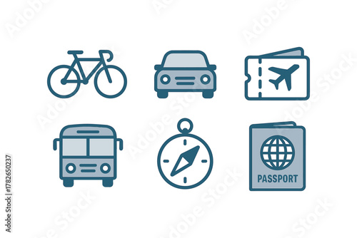 Minimalist travel icons set featuring bicycle, car, tickets, bus, compass, and passport