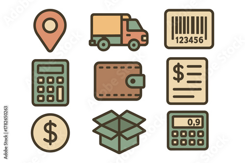 Flat style delivery and finance icons set with calculator and barcode