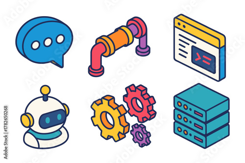 Isometric tech icons: chat, coding, robotics, gears, pipes, servers in bold colors
