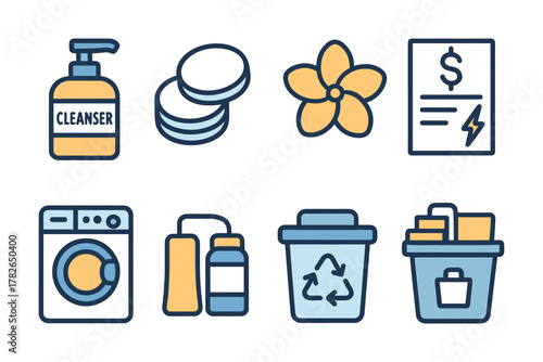 Household essentials icons: cleaning, recycling, and billing in modern line art