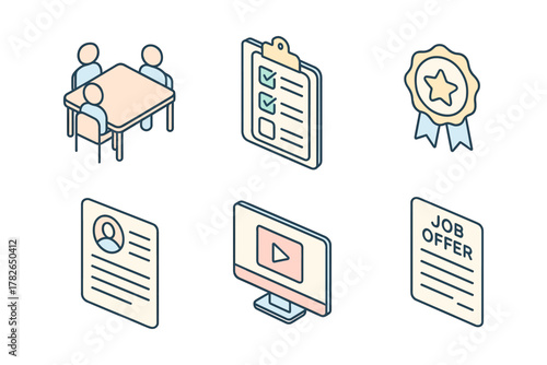 Isometric business icons set: meeting, checklist, award, profile, video, job offer