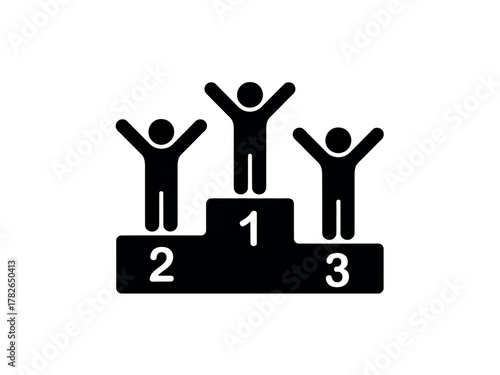 Three silhouetted figures stand on a podium, celebrating victory and placing first, second, and third.