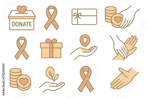 Charity symbols collection: hands, ribbons, and donation icons in minimalist design