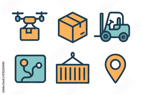 Flat style logistics icons set featuring drone, box, forklift, and map marker