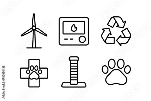 Eco-friendly icons: windmill, recycling, pet care, fire safety in linear style