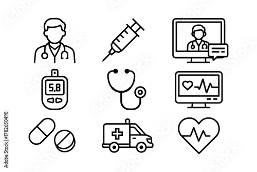 Medical icon set with doctor, equipment, and heartbeat in linear style