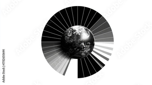 Black and white vector of a pie chart merging into a globe, white background. Represents global business, statistics, and economic data visualization.