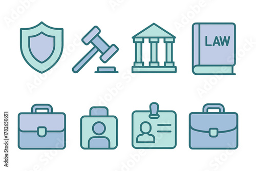 Legal icons collection: symbols of justice, law, and order in simple line art style