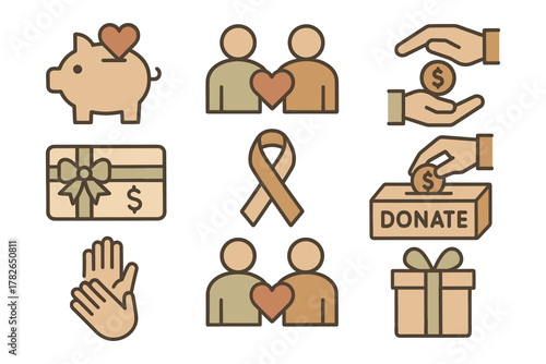 Charity and donation icons: heart, hands, gift box, ribbon, piggy bank, linear style