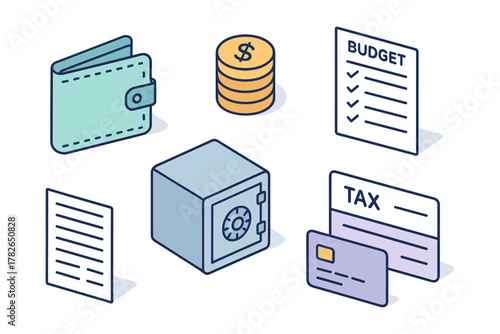 Financial icons set featuring wallet, safe, coins, budget, and tax documents in isometric style