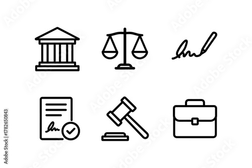 Black and white legal icons including scales, gavel, and briefcase