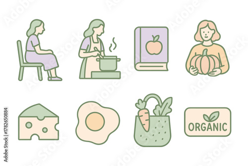 Organic cooking and sketch style icons featuring women and food items