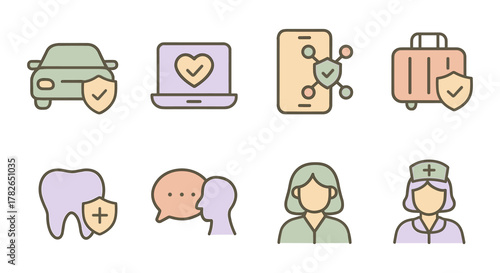 Insurance and security icons featuring health, travel, and technology in minimalist pastel style