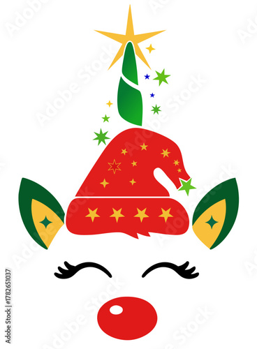 Christmas unicorn wearing Santa hat with red nose and star horn,