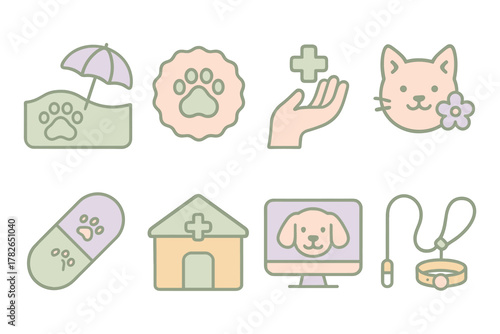 Pastel pet care icons: cat, dog, and veterinary symbols in soft colors
