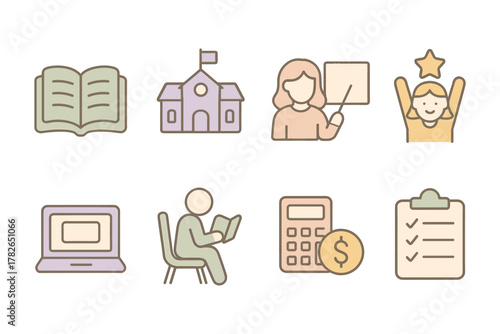 Educational icons set featuring school, teacher, and learning symbols in pastel colors