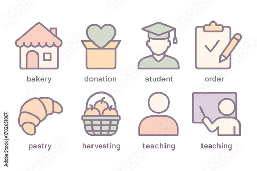 Pastel outline icons of everyday activities including bakery, donation, and teaching