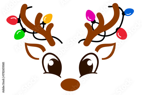 Rudolph face, reindeer with colorful Christmas lights on antlers