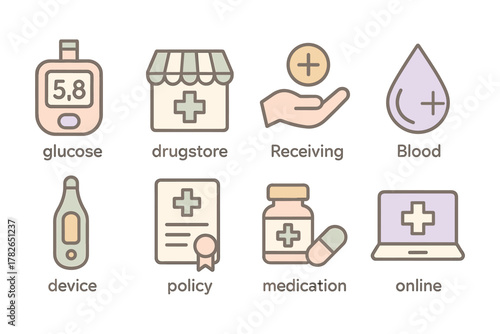 Flat design pharmacy and healthcare icons set for medical applications and services