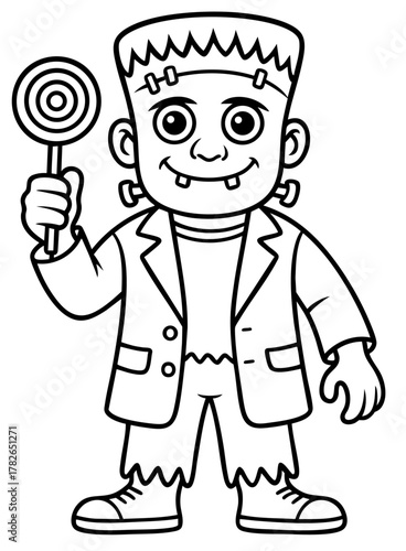 Little Frankenstein coloring page — cute halloween monster boy with candy lollipop for kids