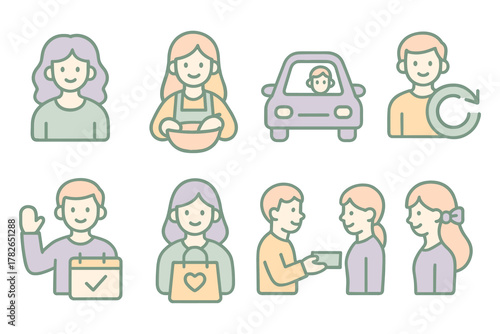 Pastel family life icons featuring cooking, shopping, and friendly interactions in flat style