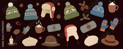 Warm winter hats, mittens, headbands, mugs of hot chocolate, candles, pinecones — cozy seasonal illustration.