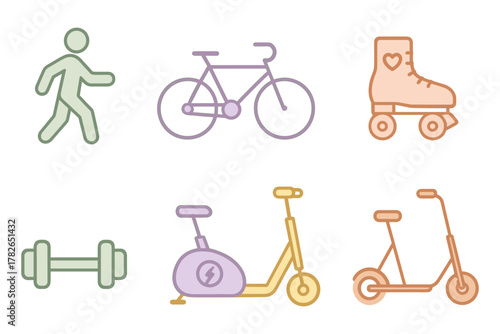 Minimalist icons of eco-friendly transportation and fitness activities