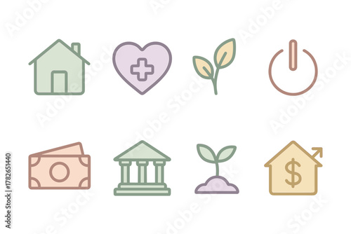 Minimalist line icons: home, health, nature, technology, finance, growth