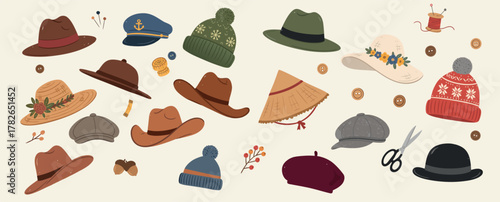 Various hats in different styles: fedora, beret, beanie, straw hat, newsboy cap, Asian conical hat, bowler hat, etc.