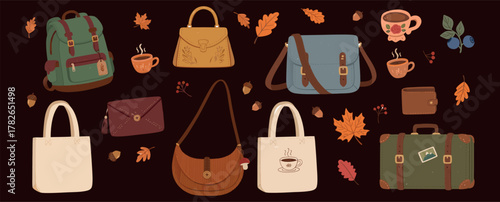 Fashionable handbags, backpack, purse, suitcase, wallet, autumn leaves, and tea cup — stylish warm-tone composition.