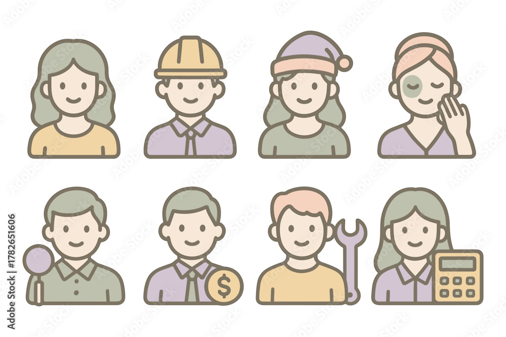 Fototapeta premium Cute character icons with various professions and activities in pastel colors