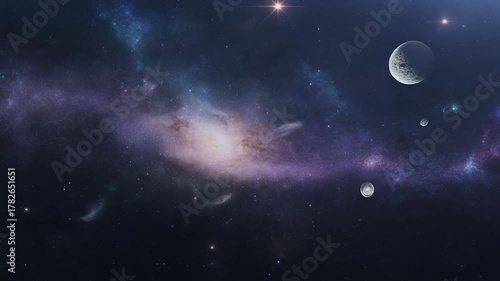 Traveling through deep space among stars and nebulas. Exploration of distant universes, galaxies and constellations.